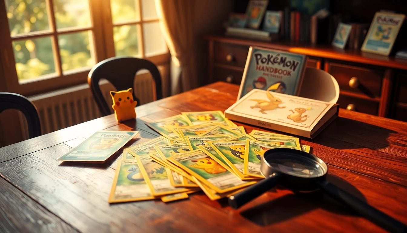 Discover real Pokemon cards beautifully displayed on a nostalgic wooden table amidst warm sunlight.