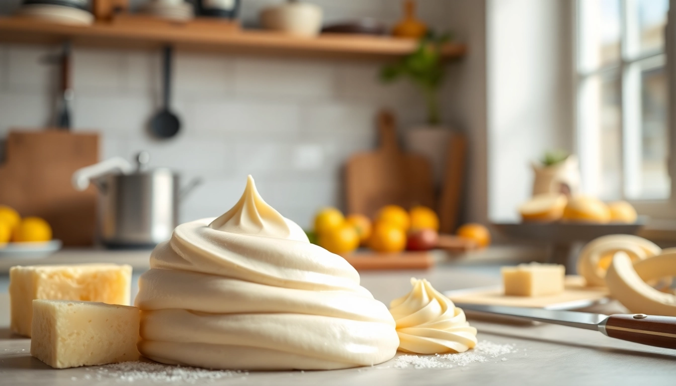 Bereid mousseline crème met rijke texturen en verscheidene ingrediënten in een ontspannen keuken.