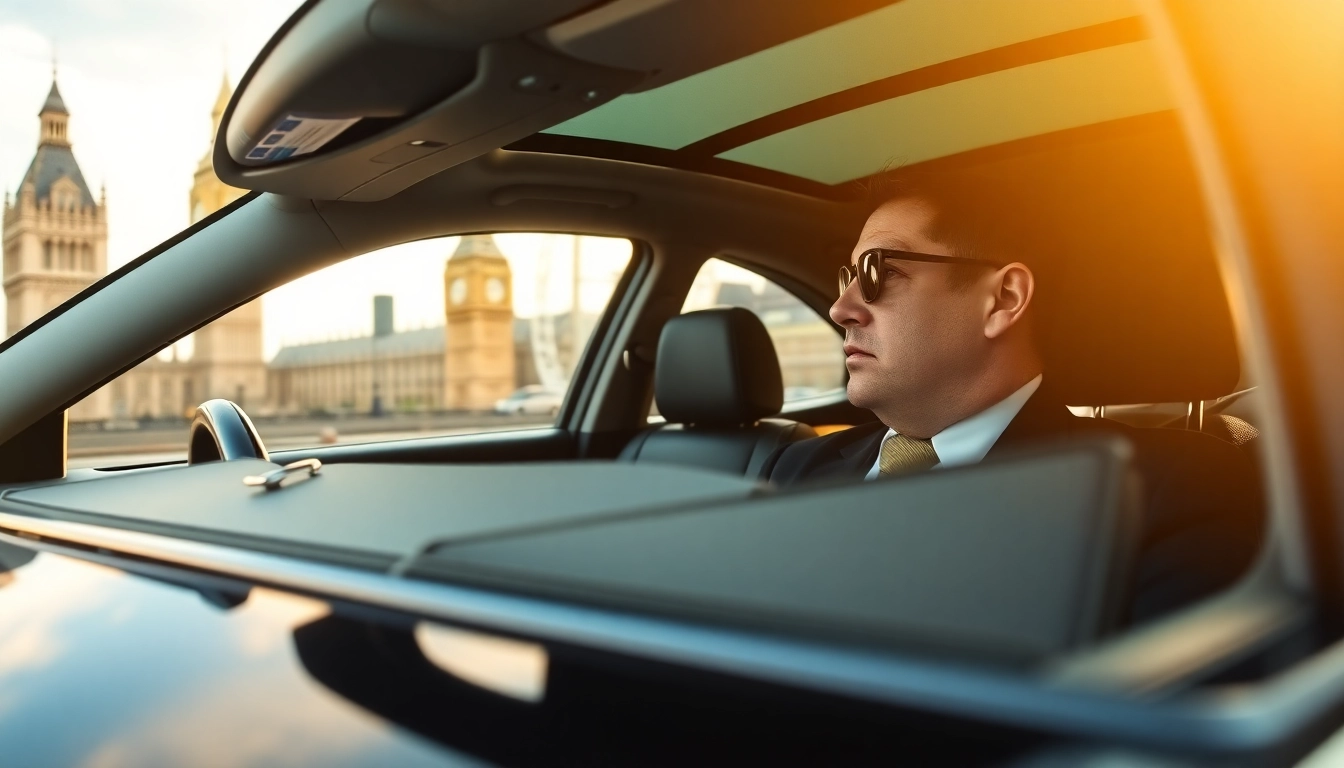 Experience luxury chauffeur hire london with a professional driver in a black car against iconic London landmarks.