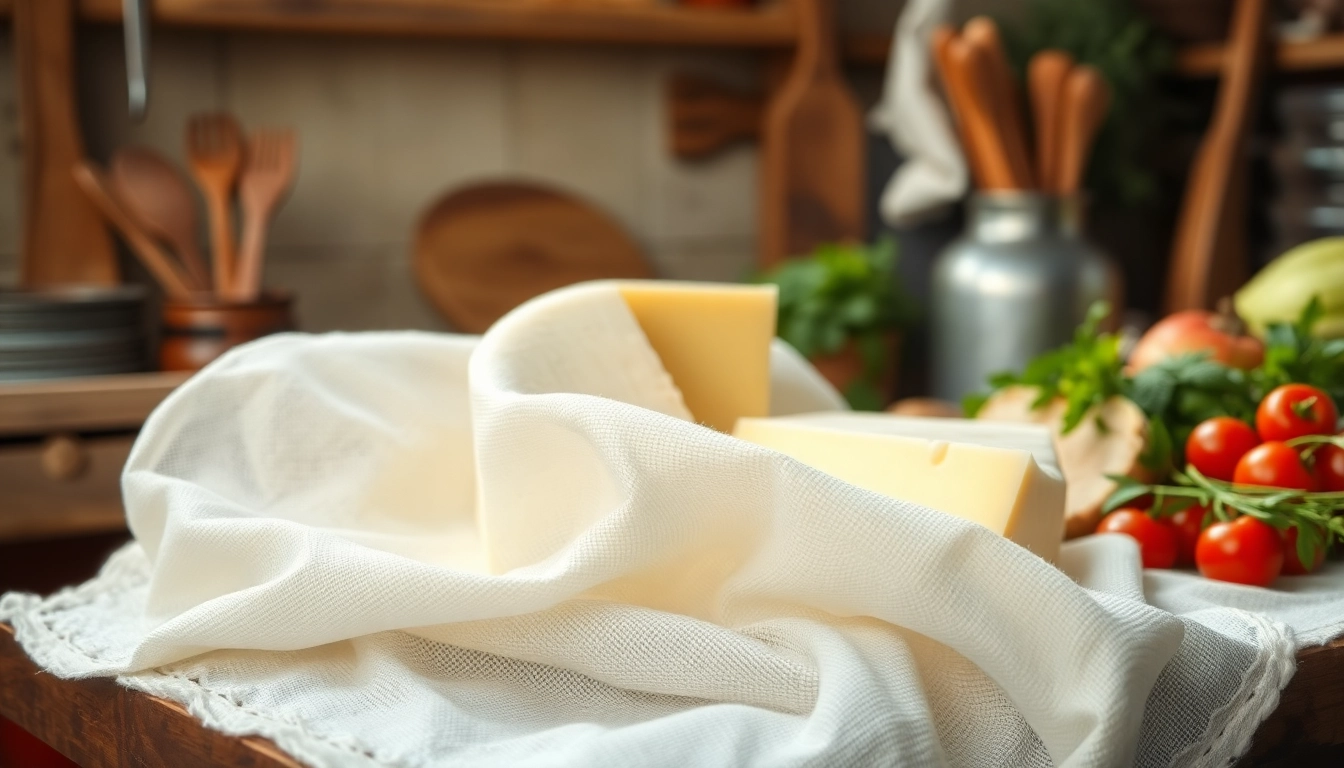 Kaasdoek in gebruik voor het maken van verse kaas in een landelijke keuken.