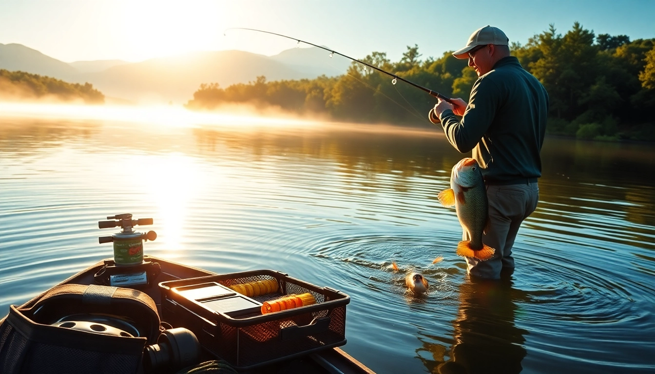 Angler fly fishing for bass in a tranquil lake at sunrise, with bass leaping from the water.