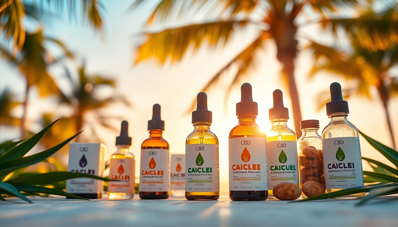 Showcase of cbd miami products under natural light amidst a tropical backdrop.