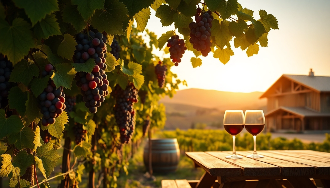 Enjoying Sacramento Wineries during a picturesque sunset with lush vineyards and wine glasses.