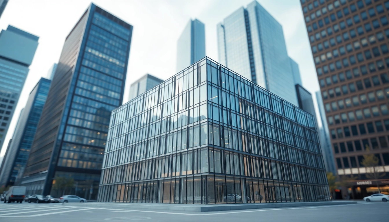 Architekturvisualisierung eines modernen Gebäudeentwurfs in einer urbanen Umgebung mit detaillierter 3D-Darstellung.